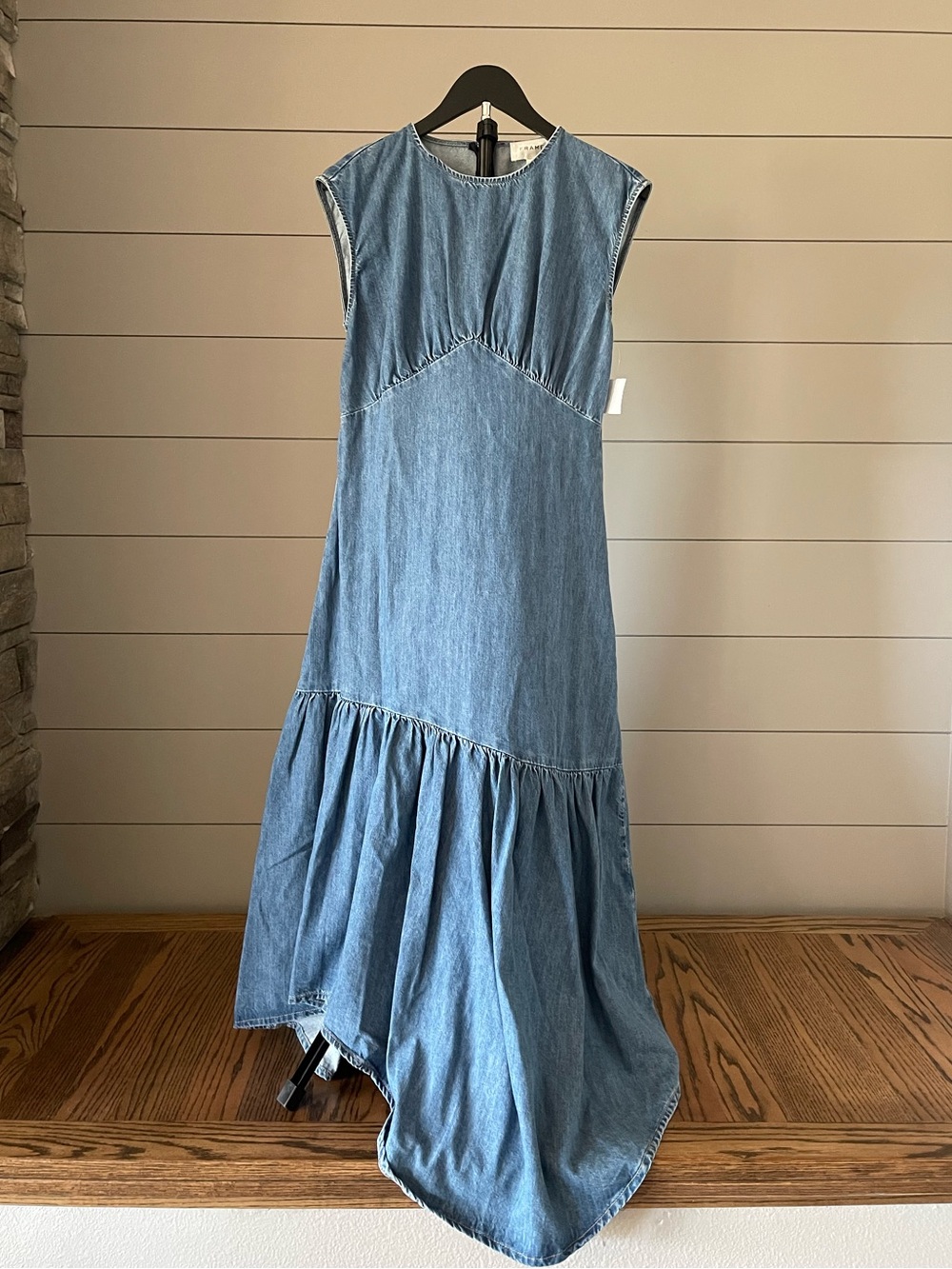 FRAME Eugenia Denim Maxi Dress Size Small Asymmetrical Gathered Tier Hem